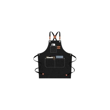 Grembiule da chef unisex con ampie tasche e cinghie incrociate, realizzato in tela di cotone spessa e regolabile. Grembiule da lavoro per cucina/bar (nero). - Crezuo (1/4)