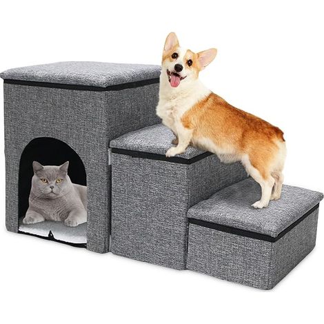 Escaliers Pliants pour Chien Petit 3 Marches Antidérapant Rampes Confortables avec Maison de Rangement pour Animaux (1/5)