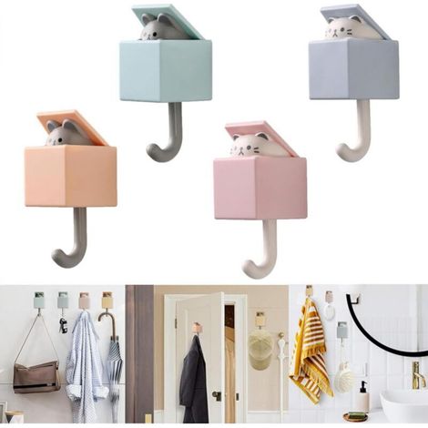 Cat-shaped hooks, colorful, 510.5 cm, set of 4, sturdy, non-marking, for the bedroom. (1/5)