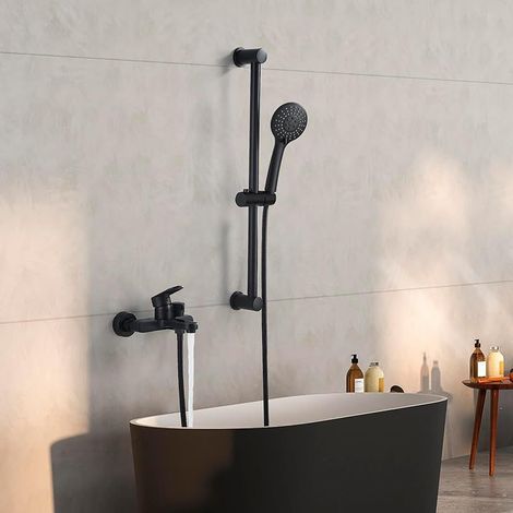 Mitigeur Baignoire Noir avec Douchette Robinet Baignoire Mitigeur Douche Ensemble avec Flexible, Support, Barre Coulissante, Douchette 5 Modes, Monocommande Montage Mural (1/5)