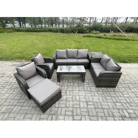 Fimous 8 places Ensembles de salon de jardin avec Table basse rectangulaire Grand tabouret Table d'appoint Gris foncé mixte (1/5)