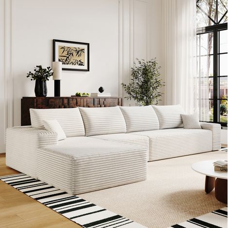 Divano angolare modulare L 340 cm bianco in corduroy, con chaise longue, senza montaggio, OKWISH (1/5)
