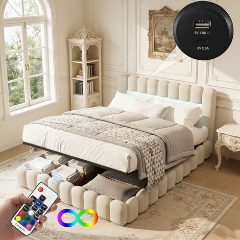 Lit coffre 180x200 cm avec chargement USB Type C et LED, Lit double hydraulique avec sommier à lattes, Lit fonctionnel, rangement, Lin beige (1/5)