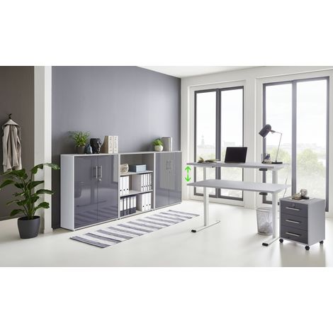 BMG Möbel Büromöbel komplett Set mit elektrisch höhenverstellbaren Schreibtisch Arbeitszimmer e-Dition in lichtgrau / anthrazit Hochglanz lackiert Gestell weiß