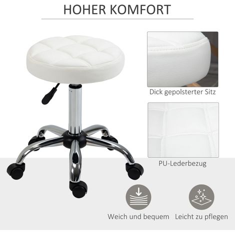 Tabouret à roulettes réglable pivotant, similicuir facile entretien, pour bureau salon esthétique coiffure, Ø35,5 x 51-67 cm, blanc (1/5)