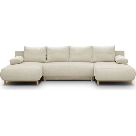 Canapé panoramique convertible 6 places – Velours côtelé beige – Coffre de rangement – Dimensions L313 x P145 x H84 cm – Couchage 130 x 210 cm (1/5)