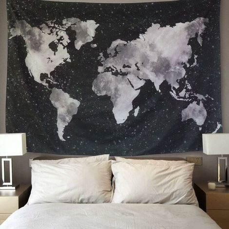 SHINING HOUSE Tapiz de mapa del mundo para colgar en la pared, diseño bohemio de mandala, color blanco y negro, para decoración de sala de estar (mapa del mundo negro, 200 x 150) (1/5)