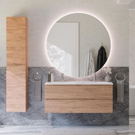 BERNSTEIN - Ensemble meuble vasque 120x46x50cm + Armoire Colonne 35x35x170cm & Miroir LED dimmable Ø120cm - Chêne miel - AVA