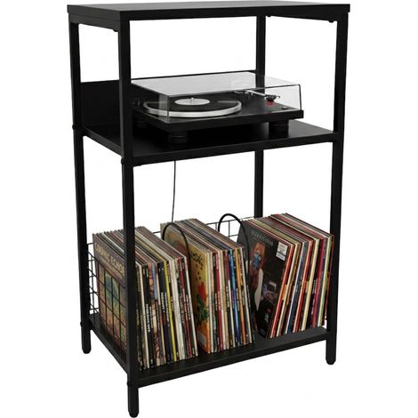 Relaxdays Tavolo giradischi, 3 ripiani, divisori, HLP: 65x40x30 cm, metallo, MDF, nero, Librerie (1/5)