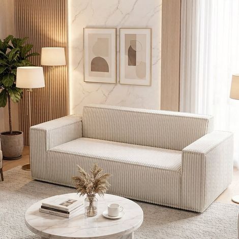 Sofá de 2 plazas en pana color blanco, sofá moderno con asiento profundo sin montaje para salón, apartamento y oficina (1/5)