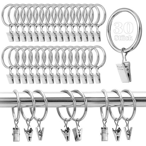Lot de 30 Anneaux de Rideaux avec Clips, Pinces à Rideaux avec Anneaux, 3.5mm×32mm Clips de Rideau Anneaux, Métal Anneaux Rideaux avec Crochet à Pince pour Tringle à Rideau de Douche (Argent) (1/5)