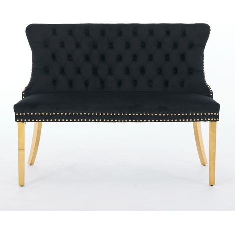Banc double salle à manger en velours noir, assise deux personnes, dossier aile, boutons artisanaux, pieds acier doré, style moderne vintage, pack unique, DE1602BK