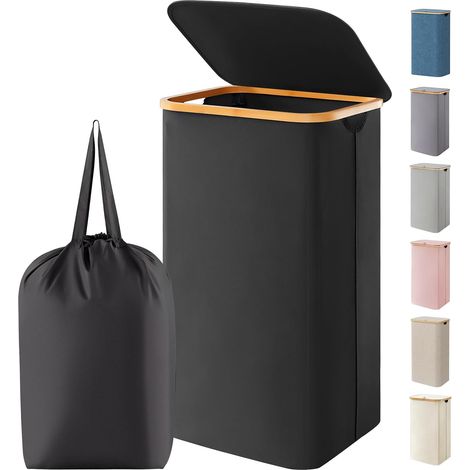 Panier a Linge Sale avec Couvercle, Grand Corbeille Linge Pliable en Bambou avec Sac Intérieur, Panière Linge, Laundry Basket pour Chambre, Salle de Bain, Buanderie, 100 L, Noir (1/5)
