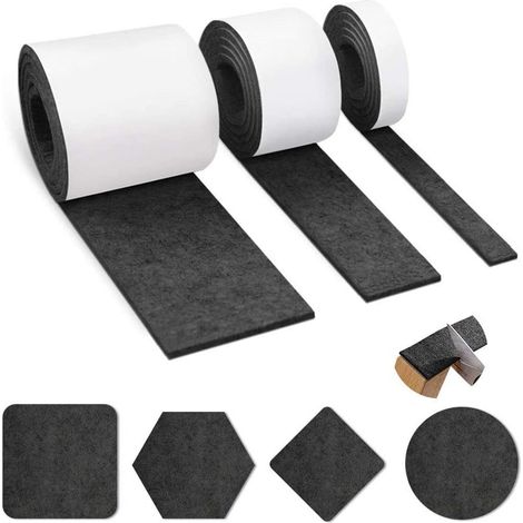 Selbstklebende Filzgleitmatten, 3 Rollen, Schwarz – 100 cm x 10 cm + 100 cm x 5 cm + 100 cm x 2 cm, Möbelschutz-Gleitmatten mit Schutzschicht (1/4)