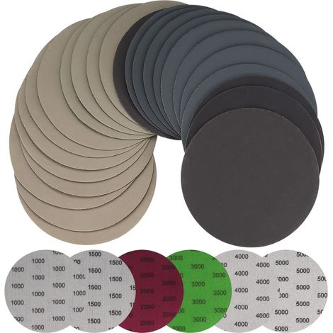 Papier de Sec à l'eau Disques Abrasifs Ronds Tampons de Ponceuse Orbitale Feuilles de 1000/1500 2000/3000 4000/5000 30 pièces 125mm Verre (1/5)