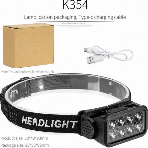 Lampe frontale rechargeable USB - Portable - Lampe torche à batterie intégrée - Lampe frontale pour la pêche et le camping