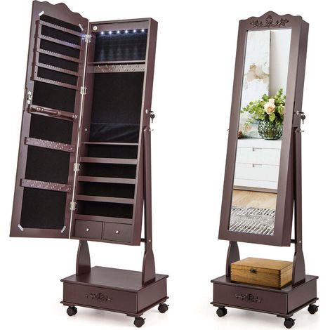 Armoire à bijoux marron sur pied avec miroir, serrure, éclairage LED, tiroirs et roulettes, pour chambre et dressing (1/5)