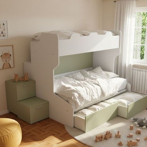 Letto a castello con gradini a cassetti e passerella - Una piazza e mezza e singola - Bianco e Salvia