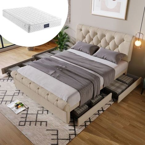 Lit double capitonné - SOGEU - Chesterfield - 140x200 cm - 4 tiroirs - Matelas inclus (1/5)