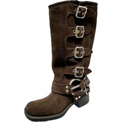 Bottines moto rétro pour femme, talon épais, boucle de ceinture, bottes d'équitation, style western haut, noir, taille 39, cuir synthétique, robustes et tendance. (1/4)