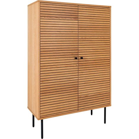 LOWAN - Buffet Haut 2 Portes Effet Tasseaux Teinté Chêne Clair (1/5)