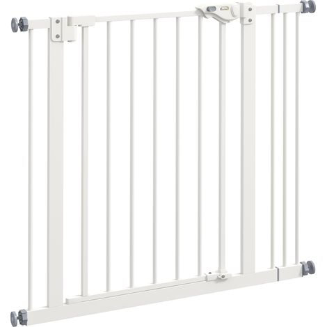 Türschutzgitter Hunde, Absperrgitter, 74-87 cm, Treppenschutzgitter für Haustier, Hundegitter inkl. Verlängerung, Schutzgitter ohne Bohren, Metall, Kunststoff, Weiß