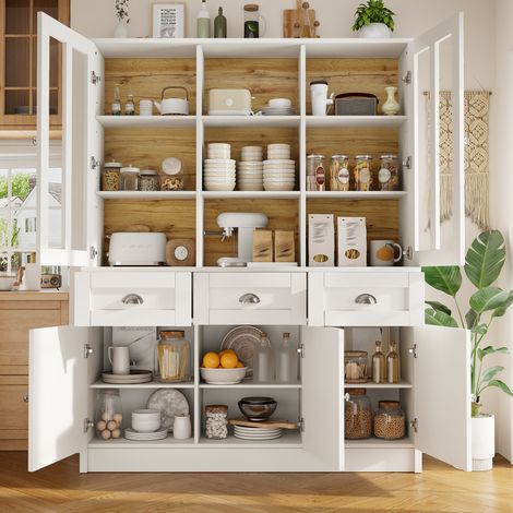 Meuble de rangement haut blanc pour salon et salle à manger (140 x 38,5 x 175 cm), buffet vitré avec tiroirs, armoire moderne minimaliste, meuble colonne autoportant pour cuisine, pièce de vie, salle (1/5)