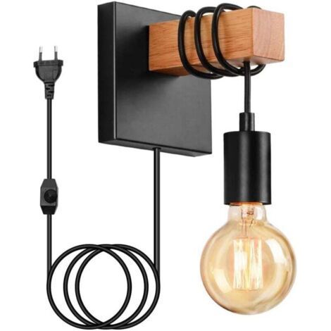 Industrial Wooden Wall Light, Vintage Wall Lamp, Switch Socket, Indoor Wall Lighting, Retro E27 Wall Spotlight for Living Room, Bedroom, Dining Room (with Switch, Without Bulb) (1/4)