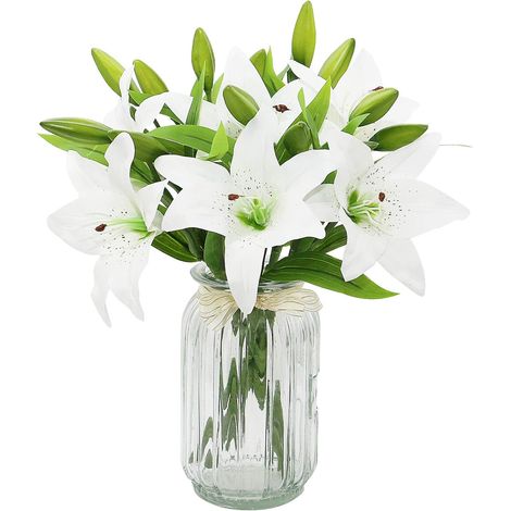 Bouquet de 6 lys artificiels blancs, lys artificiels réalistes, adaptés aux mariages, à la décoration intérieure et à la décoration de jardin (blanc, 6 pièces) (1/5)