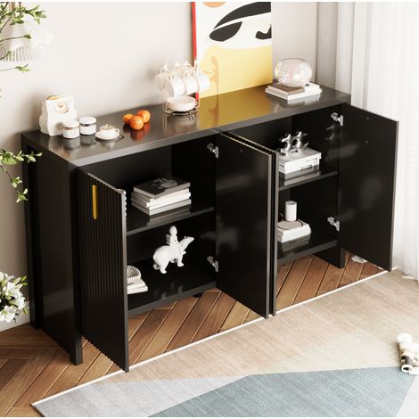 Buffet 140x38x80 cm noir en panneaux de particules avec 4 portes, étagères réglables et poignées dorées (1/5)