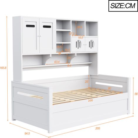 Canapé-lit en bois 90x200 cm, sommier hydraulique avec rangement intégré, lit une place pour ado, structure blanche (matelas non inclus) (1/5)
