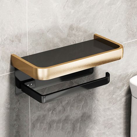 royaluxe - Porte Papier Toilette Auto-adhésif, Derouleur Papier Toilette Mural avec étagère en Acier Inoxydable, Support Papier Toilettes sans Percage pour Salle de Bain Et Cuisine(double couche, noir (1/4)