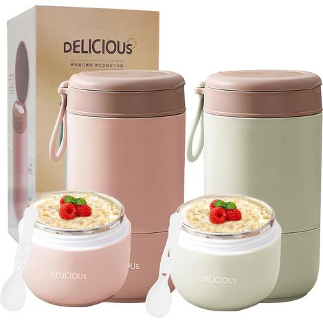 Gobelet à céréales à emporter, avec couvercle, en acier inoxydable, 730 ml, anti-fuite, pour yaourt à emporter, avec cuillère et couvercle, double couche, anti-fuite, parfait pour le travail (1/5)