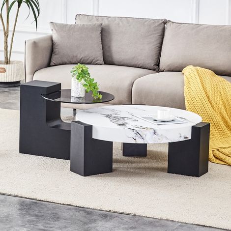 Lot de 2 tables basses gigognes rondes - Ø61/Ø44cm - Plateau verre trempé gris et effet marbre avec pieds noirs - Blanc et Noir (1/5)