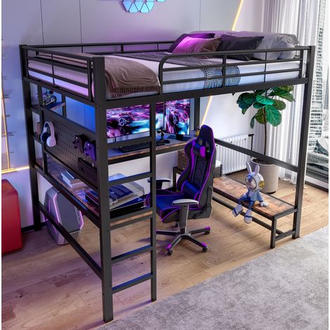 Lit mezzanine métal noir 140x200 cm avec bureau, étagères, prise USB/Type-C et éclairage LED (1/5)
