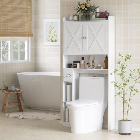 Rangement Meuble WC dessus de toilette avec placard à porte de grange étagère réglable compartiments et porte-papier - blanc