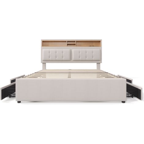 Letto matrimoniale 140x200 in lino beige con 4 cassetti, USB-C, testiera regolabile MODENUIT (1/5)