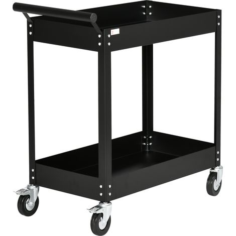 Chariot d'atelier servante atelier à 2 niveaux, poignée latérale et roulettes verrouillables, 84,5x38x84cm, noir