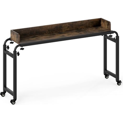 Bureau à roulettes mobile ajustable 135,5-206 x 40 x 73,5-102,5 cm avec large plateau fonctionnel style industriel en bois manufacturé brun rustique