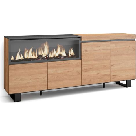 Skraut Home - Aparadores para salón, Gran capacidad de almacenaje, 210, 4 Puertas, Chimenea eléctrica XXL, Diseño industrial, Estilo Moderno, Roble (1/5)