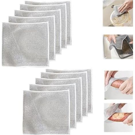 Lot de 10 chiffons de vaisselle polyvalents en fil métallique pour nettoyage humide et sec, réutilisables, torchons à vaisselle, (1/4)
