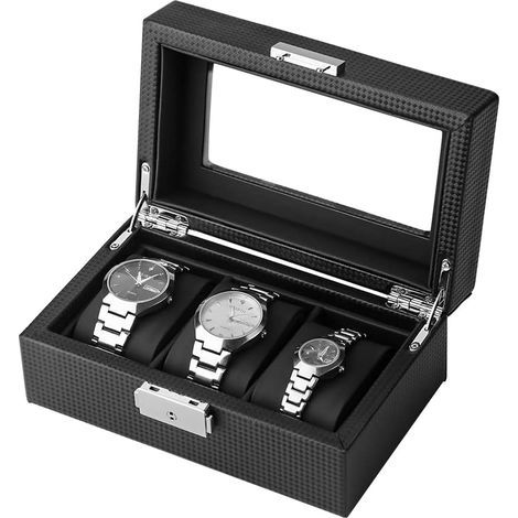 Boîte de rangement pour montres à 3 compartiments, couvercle en verre transparent et coussins amovibles. (1/5)