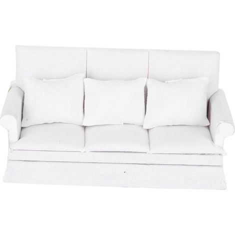 Mini Canapé 1:12 pour Maison de Poupée avec 3 Coussins, Meuble Salon Miniature en Bois, Accessoire Décoratif Blanc (1/5)