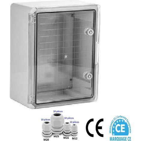 Coffret électrique étanche PORTE TRANSLUCIDE 600 x 400 x 200mm IP65 avec plaque de fond et 40 Presses étoupe