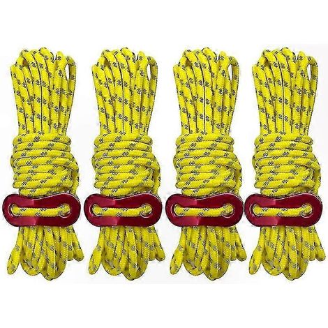 Corde réfléchissante 4mm pour extérieur - Haute résistance en nylon, haubans avec tendeur réglable pour tente, bâche, fixation au sol, jaune (1/5)