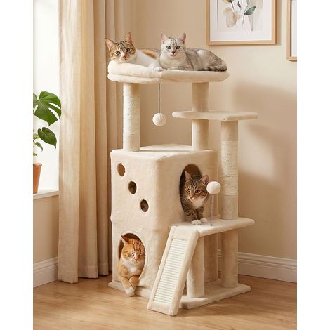 Arbre à chat de 88 cm pour chats d'appartement avec large surface de couchage supérieure, grotte privée et colonne griffeuse en sisal, tapis à gratter pour chats d'appartement, beige (1/5)