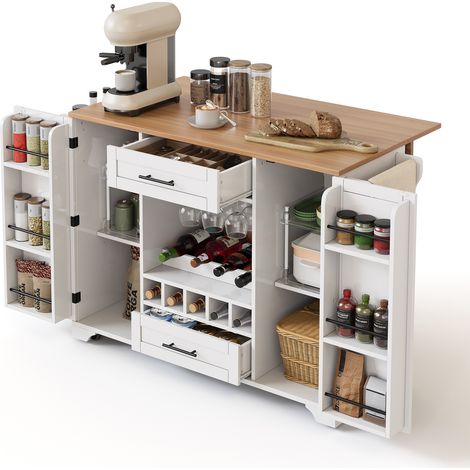Îlot de cuisine mobile avec plan de travail rabattable, rangements pour bouteilles et verres, roulettes avec freins, finition blanche, MDF – CHICFURN (1/5)