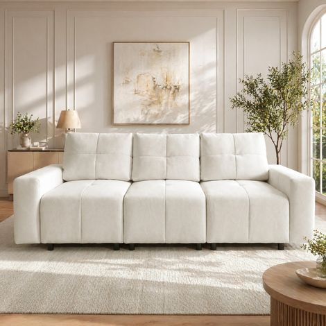 Divano modulare 3 posti 213 cm convertibile, profondità regolabile, ciniglia beige DESVIAE (1/5)