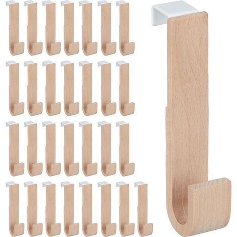 Relaxdays Set of 30 Door Hooks, Wood & Iron, for Jackets, Towels, Hallway Coat Hook, HWD: 13 x 2.5 x 6 cm, White/Natural (1/5)
