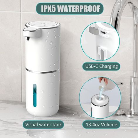 Dispenser di sapone automatico, dispenser di sapone schiumogeno senza contatto, dispenser da 400 ml ricaricabile tramite USB, montaggio a parete, 4 livelli, sensore di movimento regolabile, pompa a te